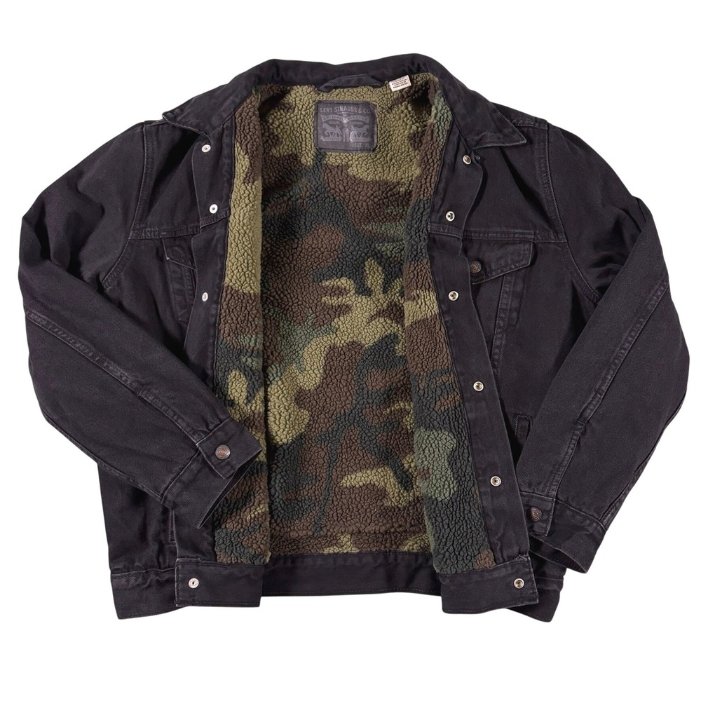 Levi's Men's XL Black Denim Sherpa Trucker Jacket Camo Lined Type III